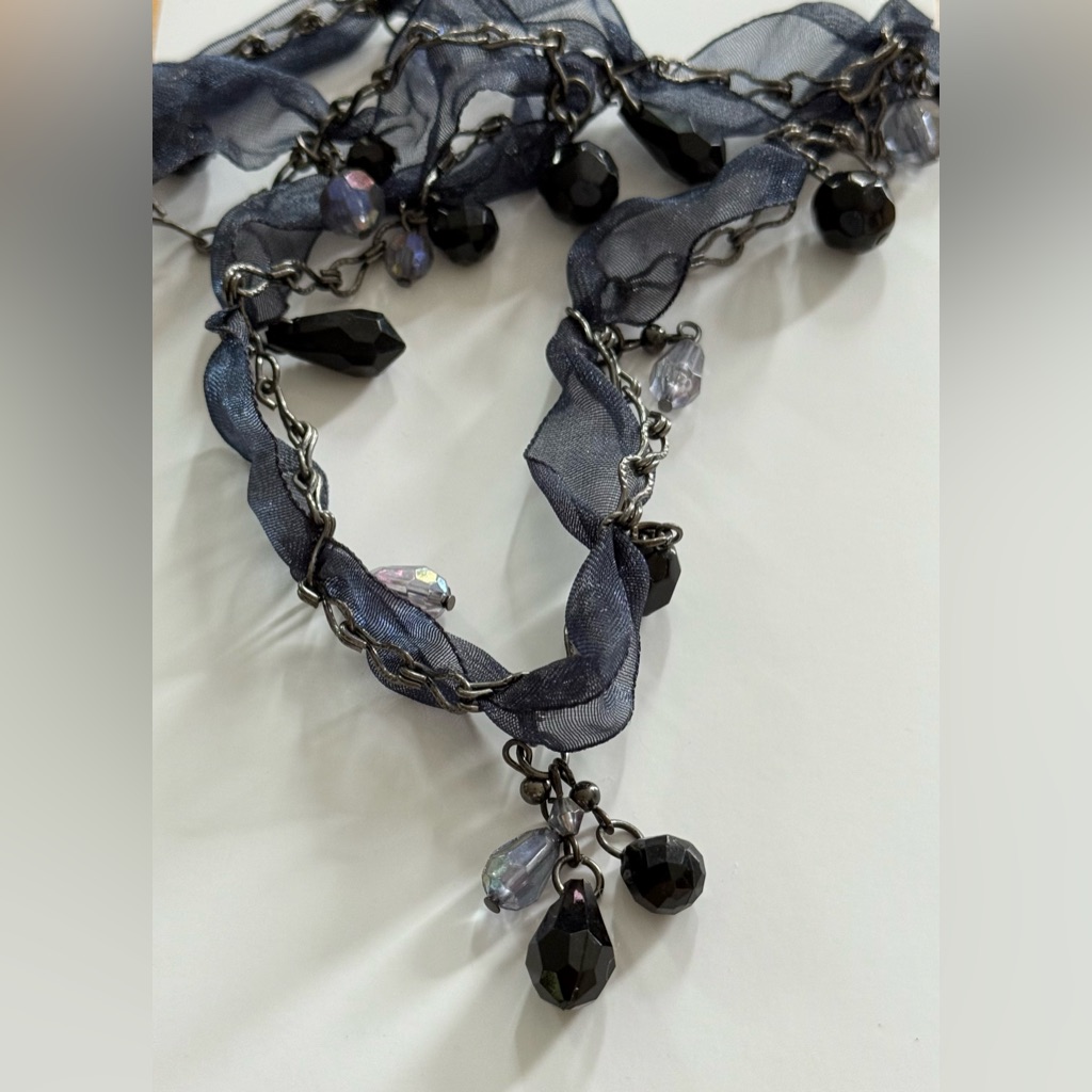 Cookie Lee Navy Blue Ribbon With Faceted Beads Necklace 12$